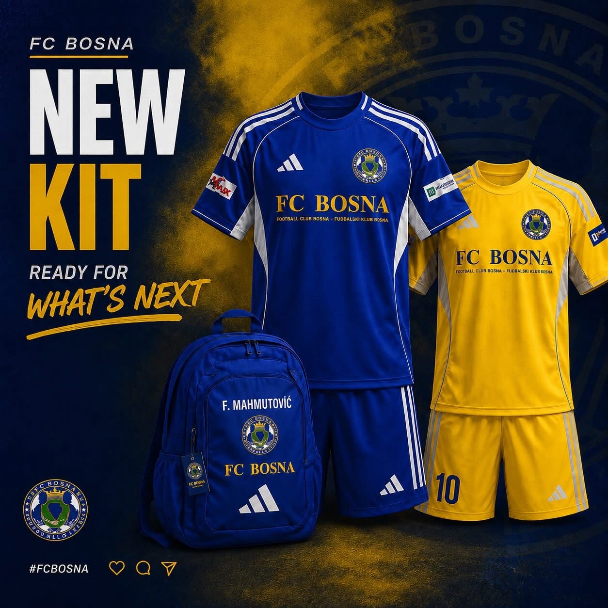 FC Bosna 2026 kit reveal - blue and yellow jerseys with backpack